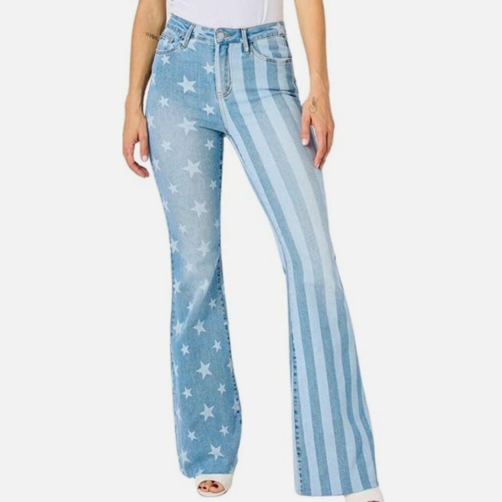 New Judy Blue High Rise Medium Wash Stars And Stripes Flare Jeans Size 15